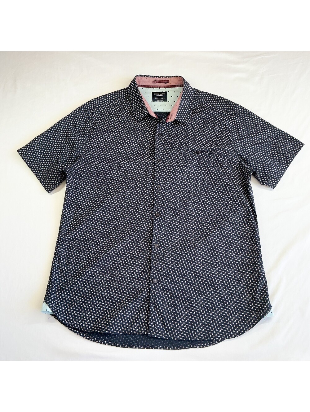 Sunrise Kingdom Custom Design Short Sleeve Button-Up Shirt Navy Pink L